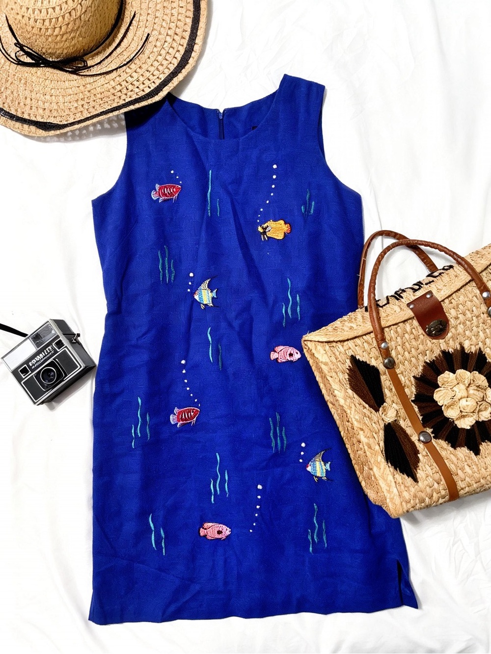 Vintage Citi Dress Blue Linen Fish Embroidered Shift Dress Lined Size 10P